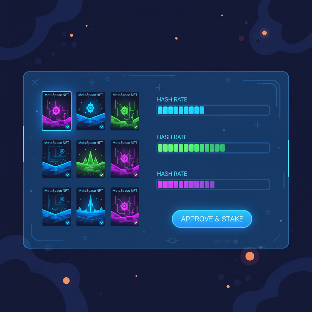 Selecting glowing MetaSpace NFTs for staking, hash rate bars filling, approve button, sci-fi style