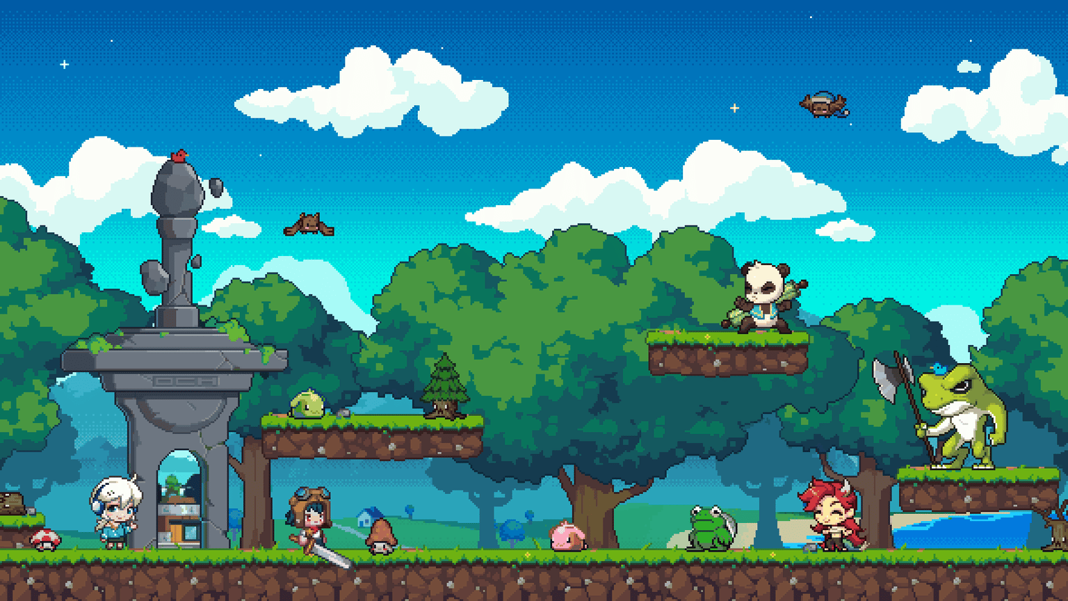 Pixel art heroes battling in Onchain Heroes idle RPG on Abstract Chain, showcasing crafting gear and player-driven NFT economy features