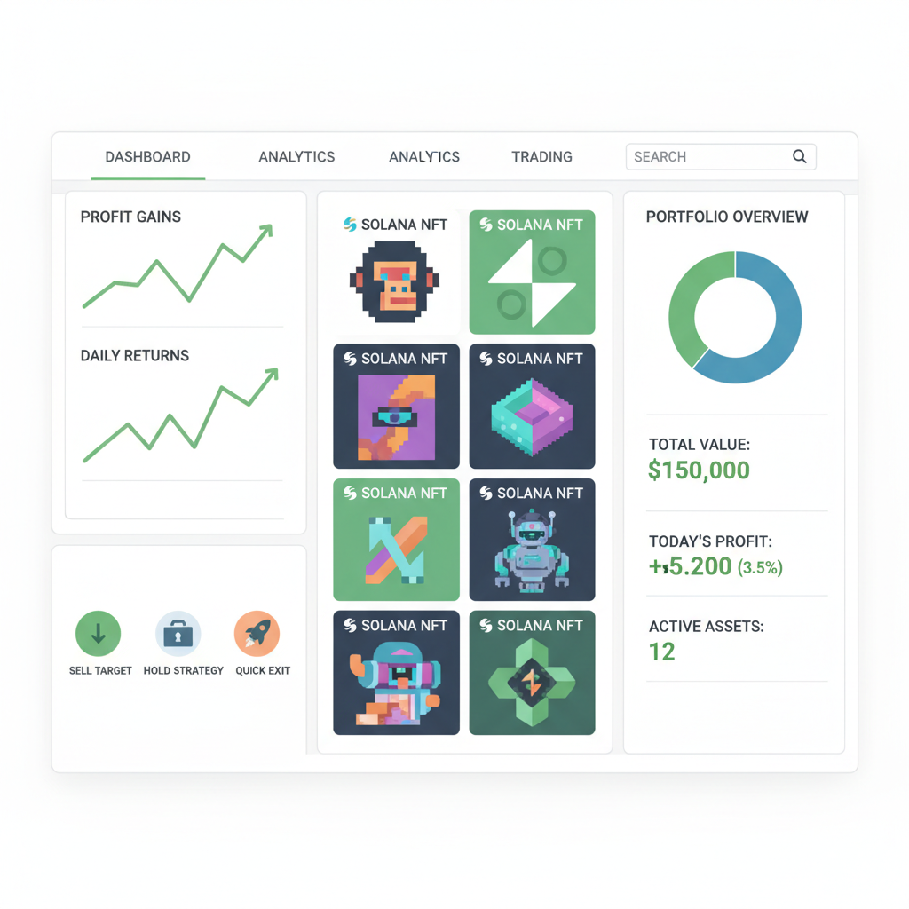 portfolio tracker with green profit charts, exit strategy icons, solana nft grid, professional dashboard