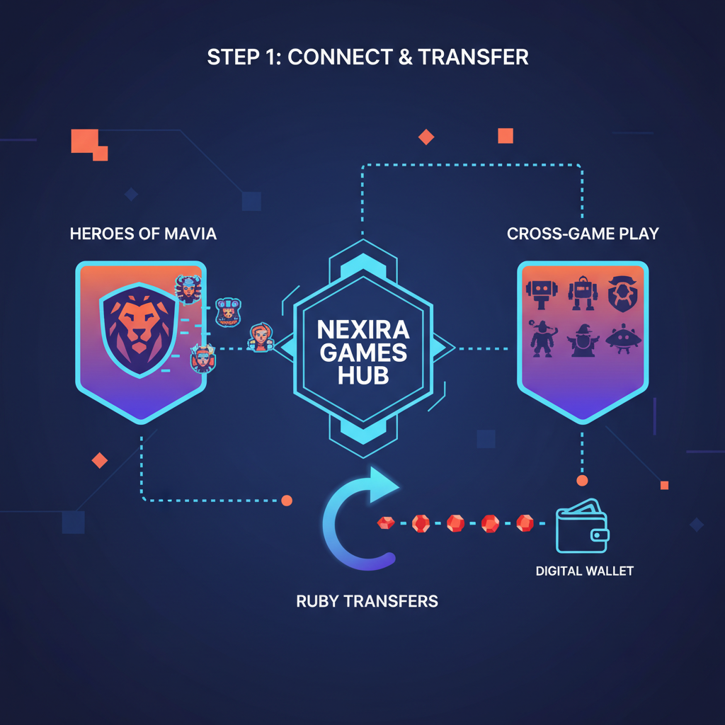 Nexira games hub with Heroes of Mavia integration, cross-game play, ruby transfers, futuristic multiplayer art