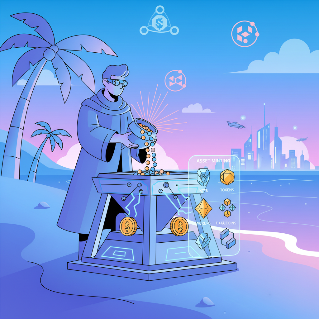 alchemist refining glowing pearls into assets at forge on beach, futuristic web3 style