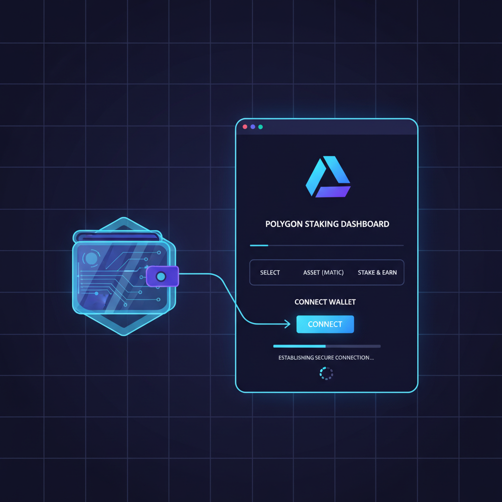cyberpunk wallet connecting to polygon blockchain staking dashboard, neon blues and purples, futuristic UI