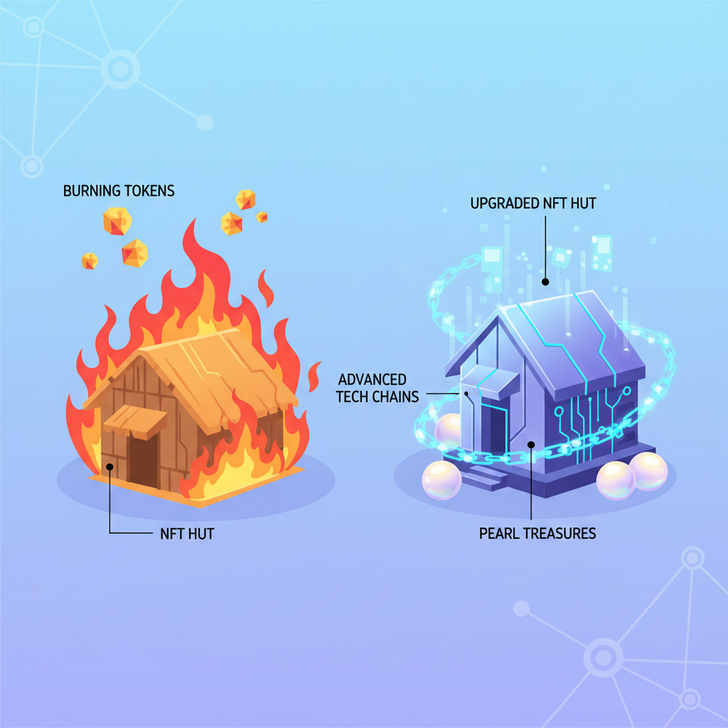 burning tokens into upgraded NFT hut, fiery transformation, advanced tech chains, pearl treasures