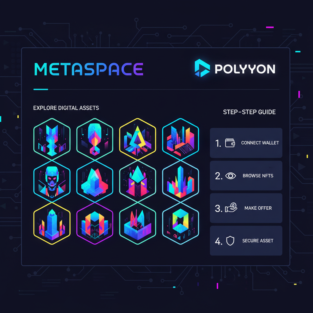 Sleek MetaSpace marketplace homepage, NFT grid, Polygon logo, cyberpunk metaverse aesthetic