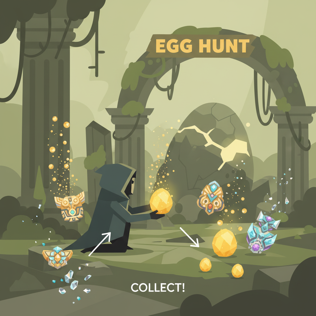 player collecting shiny resources and ancient relics from egg hunt, temple ruins, particle effects