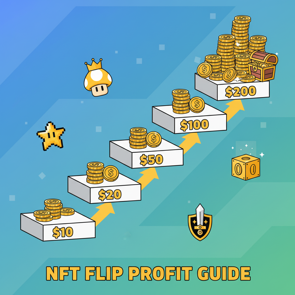laddered profit chart for NFT flips, steps from $10 to $200, coins stacking up, golden gaming elements