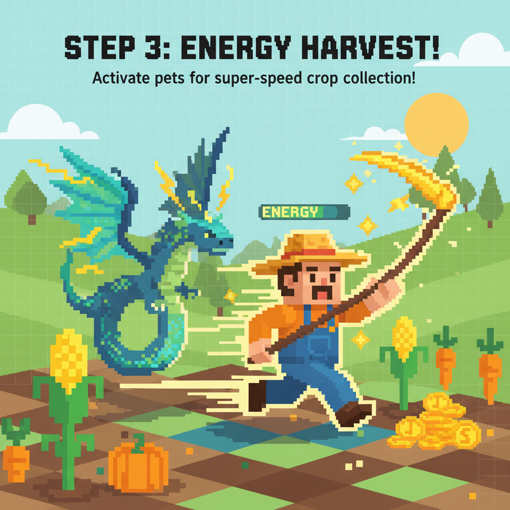 pixel farmer with legendary pet harvesting crops fast on NFT land, energy boost effects