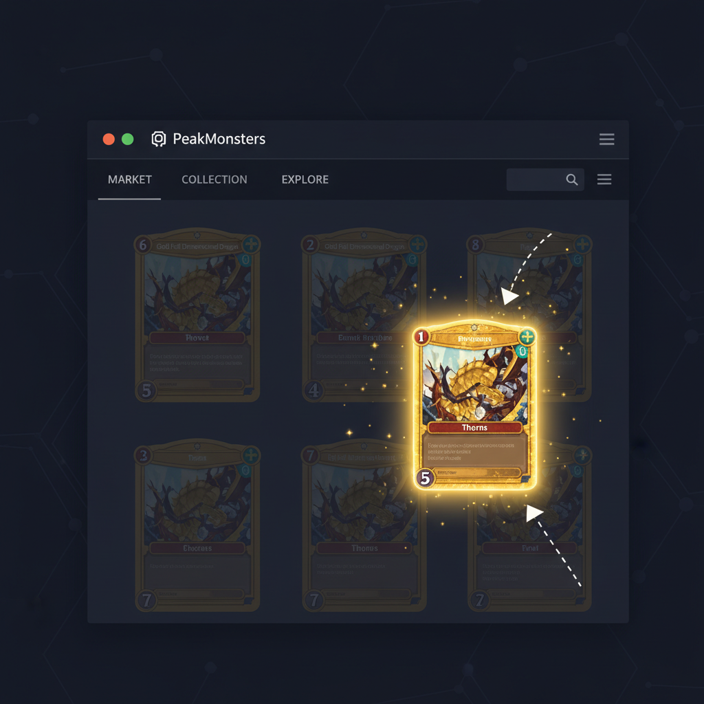 /imagine prompt: highlighted Gold Foil Dimensional and Thorns cards from Splinterlands on PeakMonsters interface, glowing effects, dark background --ar 16:9