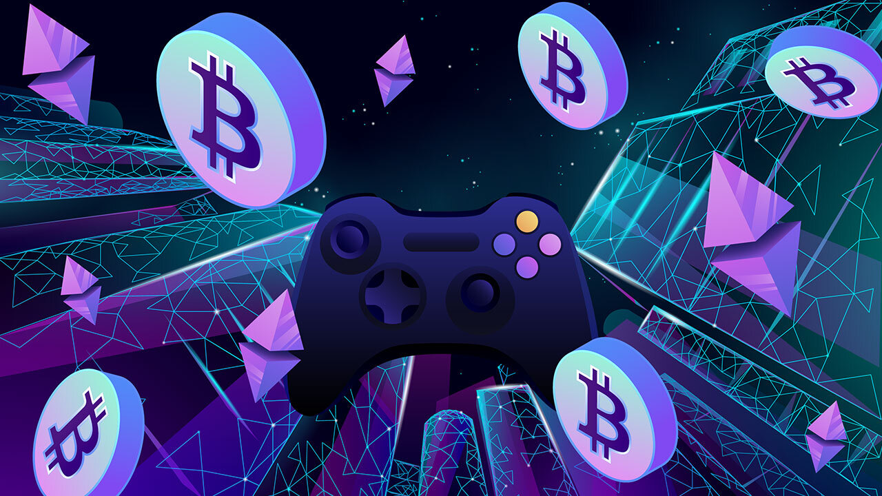 Futuristic digital marketplace with NFT avatars trading in a vibrant virtual world, representing play-to-earn blockchain gaming economies in 2024.