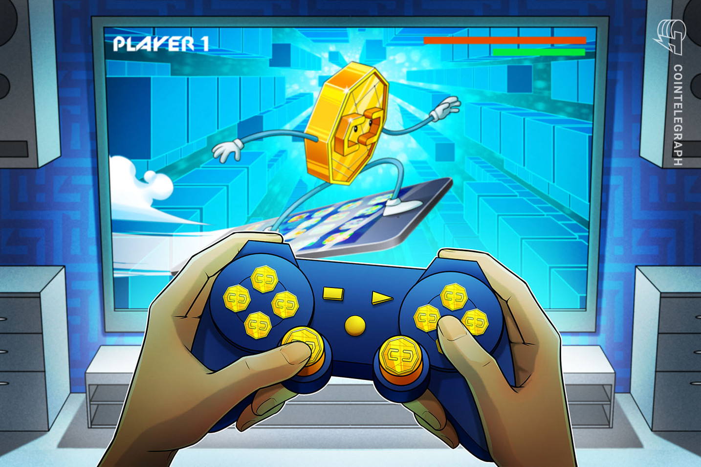 Players trading NFT weapons, skins, and virtual land in a vibrant blockchain game marketplace