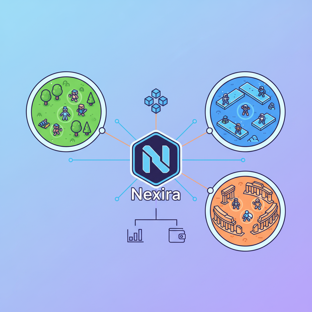 /imagine prompt: interconnected web3 games hub with Nexira logo, players in multiple arenas --ar 16:9 --v 6