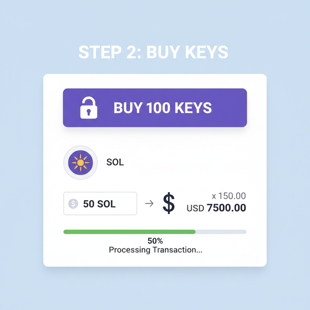 Crypto purchase interface buying keys with SOL, Solana logo, dollar signs