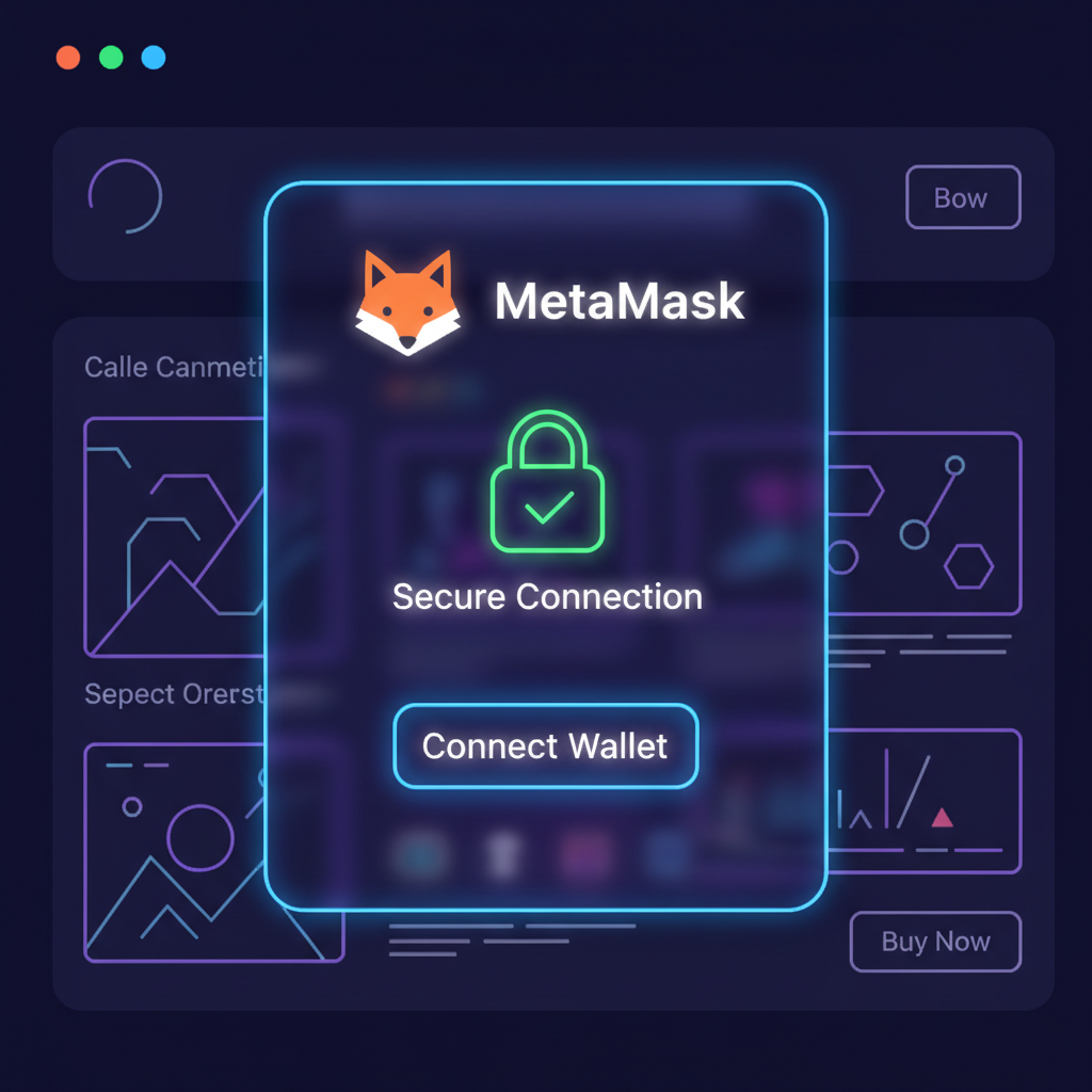 Wallet connection popup on NFT marketplace, MetaMask icon, secure lock symbol, neon interface