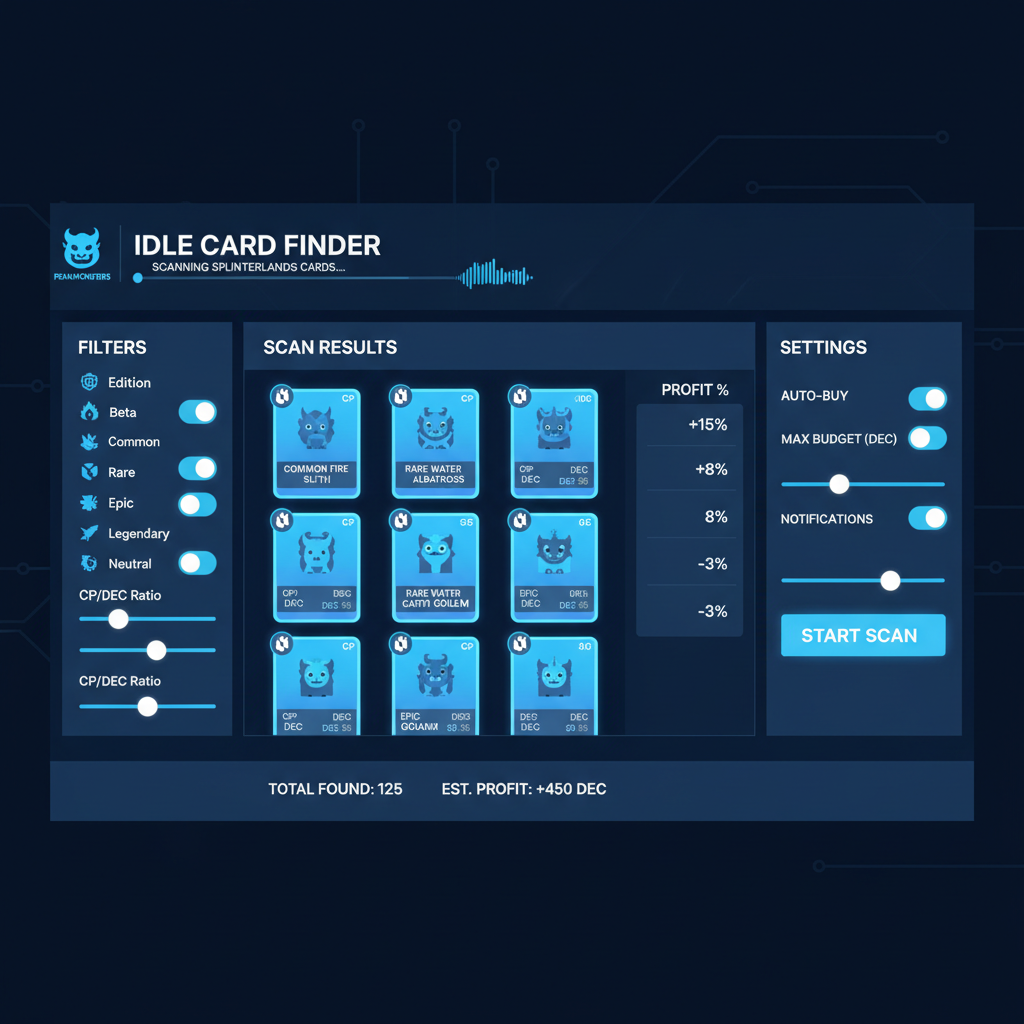/imagine prompt: clean screenshot of PeakMonsters Idle Card Finder dashboard scanning Splinterlands cards, futuristic UI, blue tones --ar 16:9