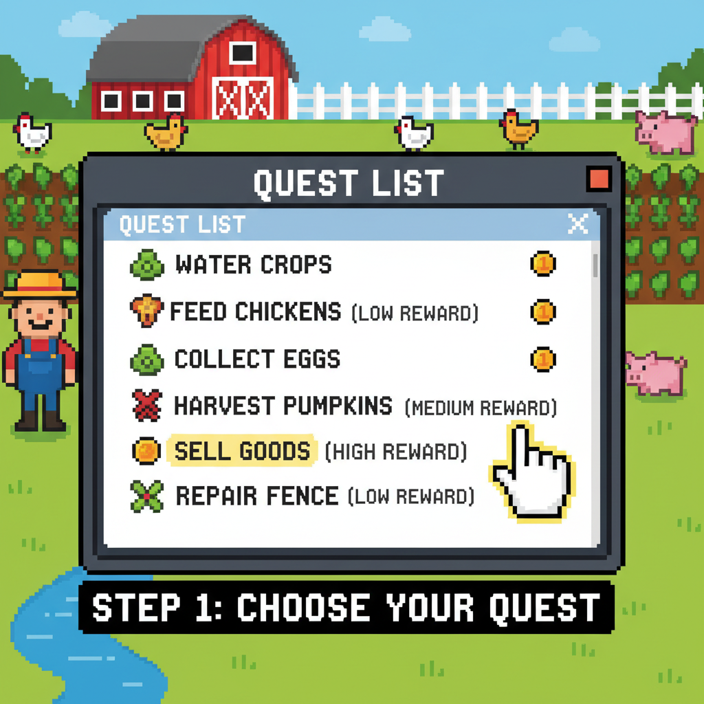 pixel art quest list on screen, farmer selecting high-reward tasks in colorful farm