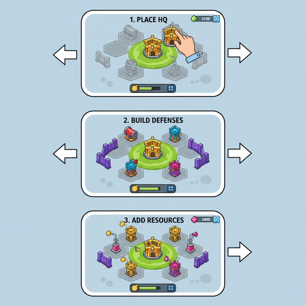 Heroes of Mavia mobile game base building interface, strategic layout, vibrant colors