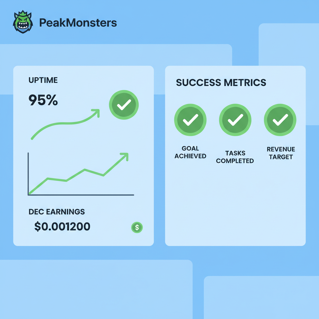 /imagine prompt: PeakMonsters analytics dashboard showing 95% uptime graph, DEC earnings chart at $0.001200, success metrics green --ar 16:9
