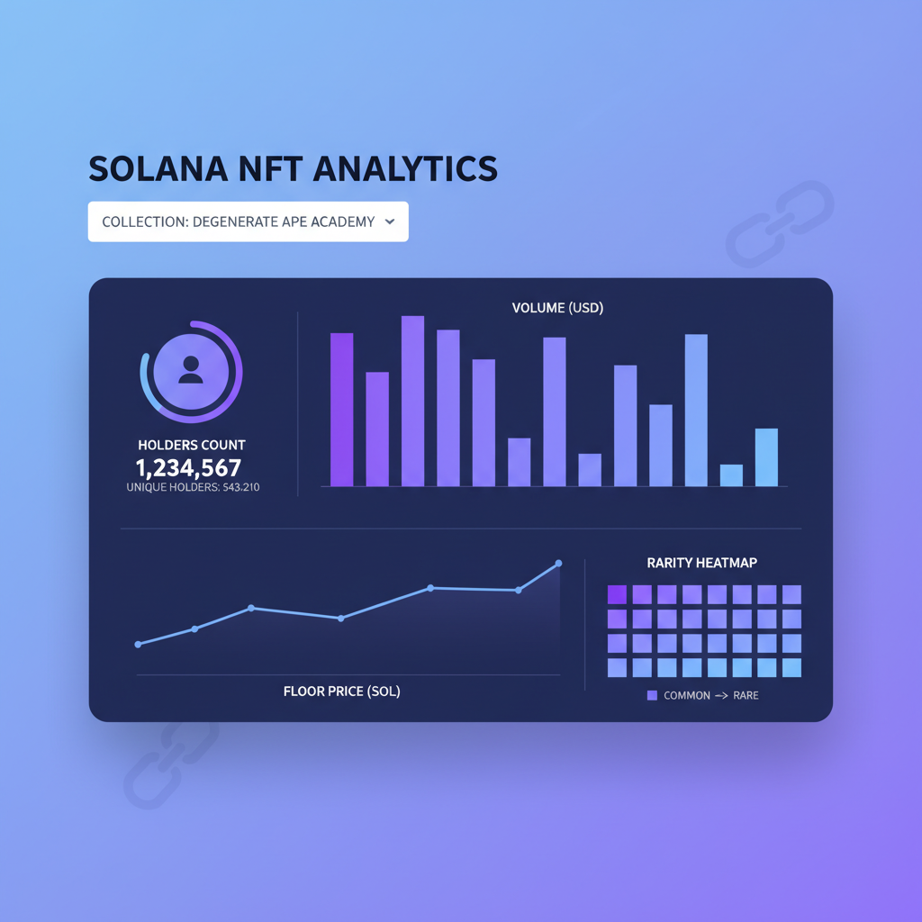 NFT analytics dashboard with volume bars, holders count, rarity heatmap, solana blockchain style