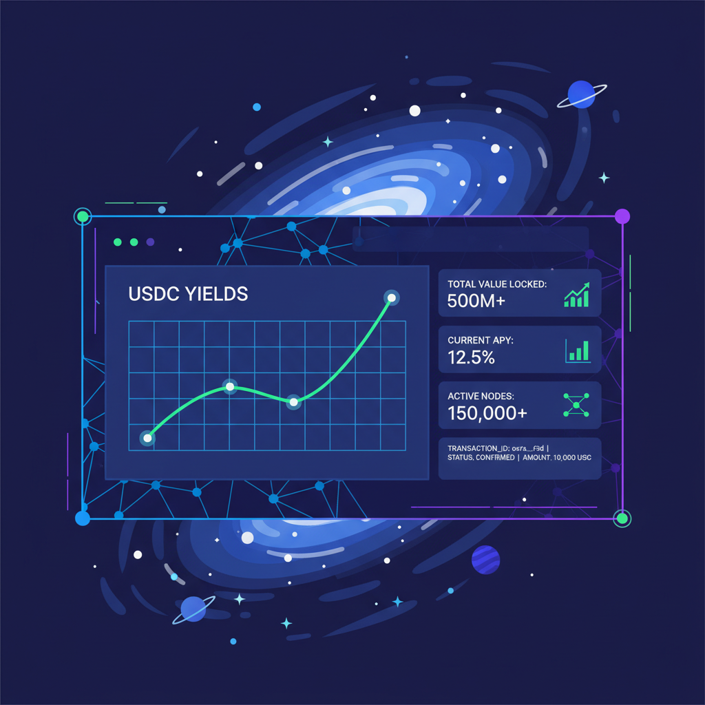 high-tech Node Terminal dashboard showing USDC yields graph, real-time metrics, starry galaxy backdrop