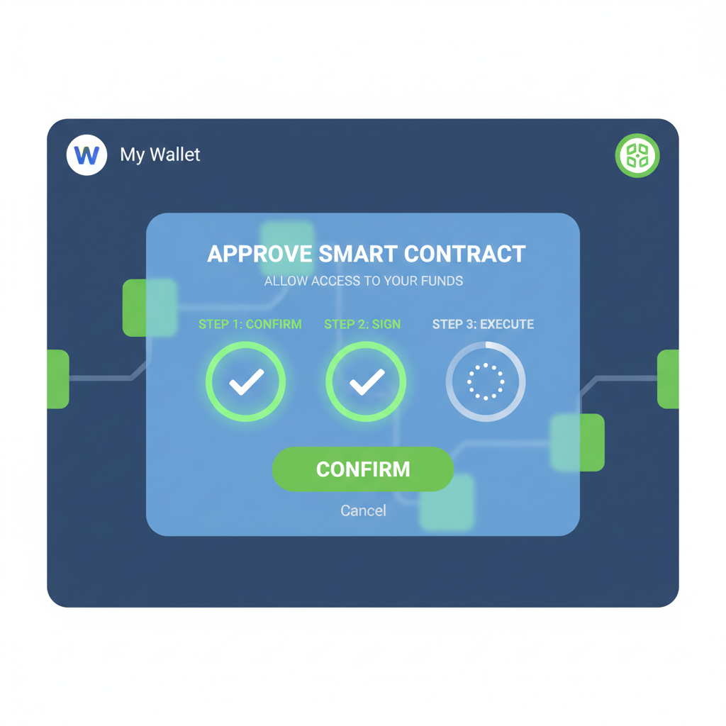 smart contract approval popup on wallet interface, blockchain approval animation, green checkmarks
