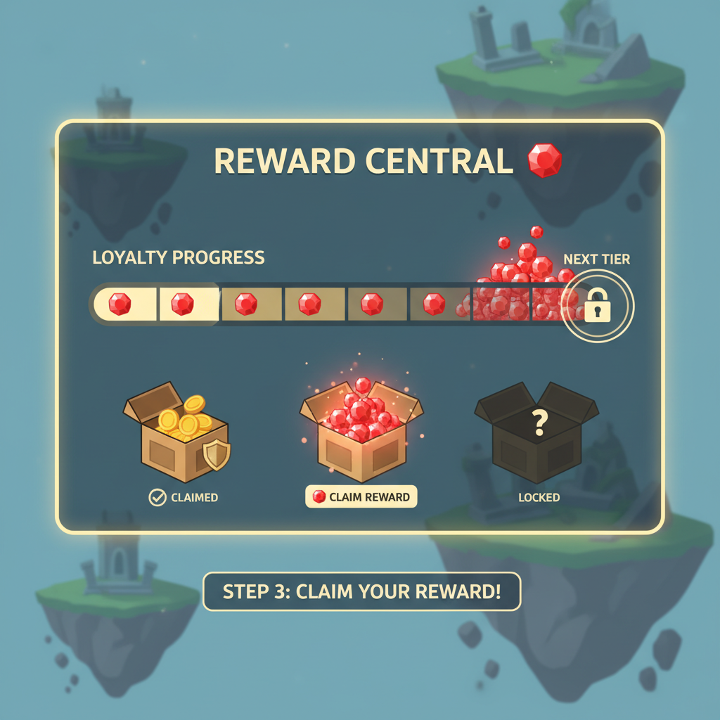 Heroes of Mavia Reward Central UI, loyalty progress bar filling up with ruby icons, glowing rewards screen